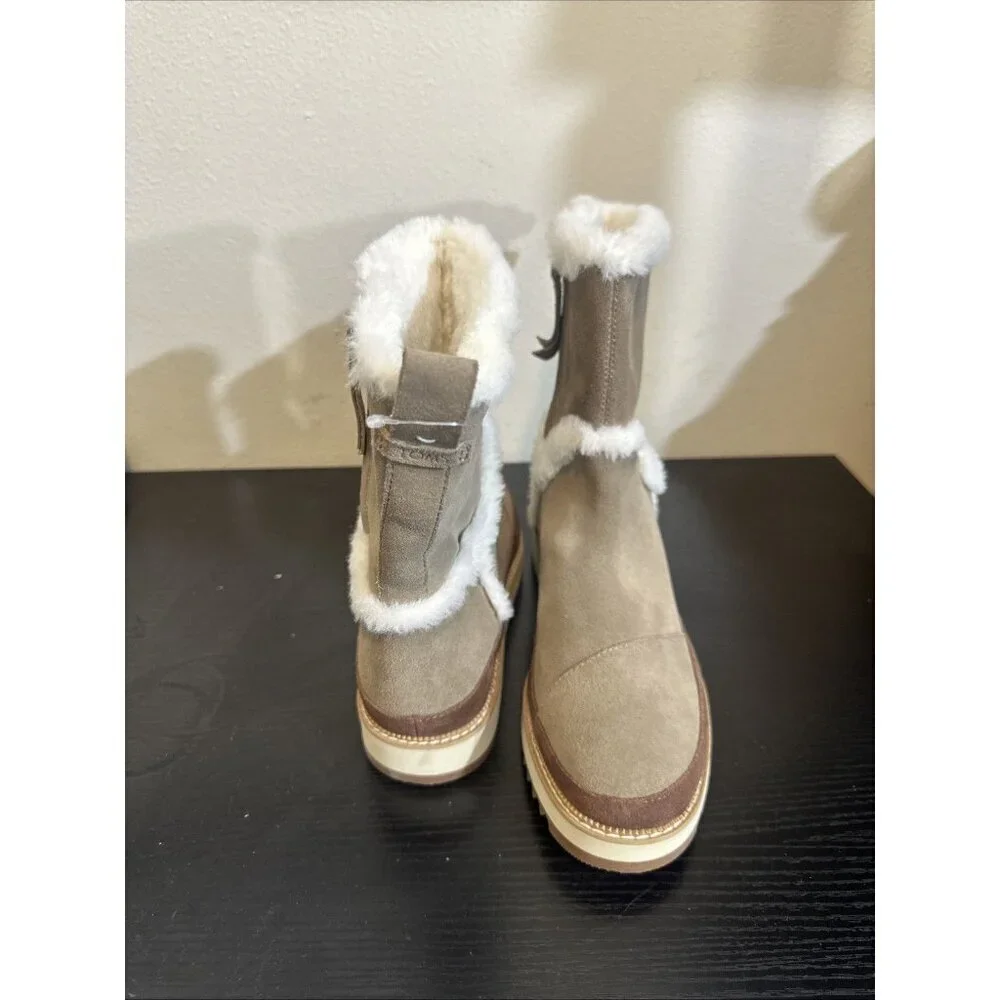 Toms Suede Faux Fur Lined Winter Ankle Boots Womens Size 10 Taupe